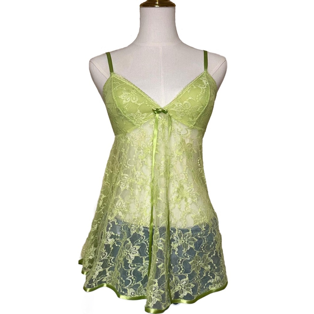 Y2K Lime Green Lace Babydoll | Sheer Mesh Tie Front